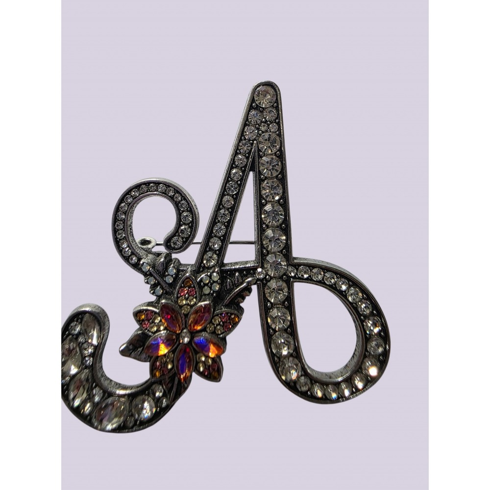Silver Initial Letter A Rhinestone Floral Monogram Brooch Pin Sparkly Statement
